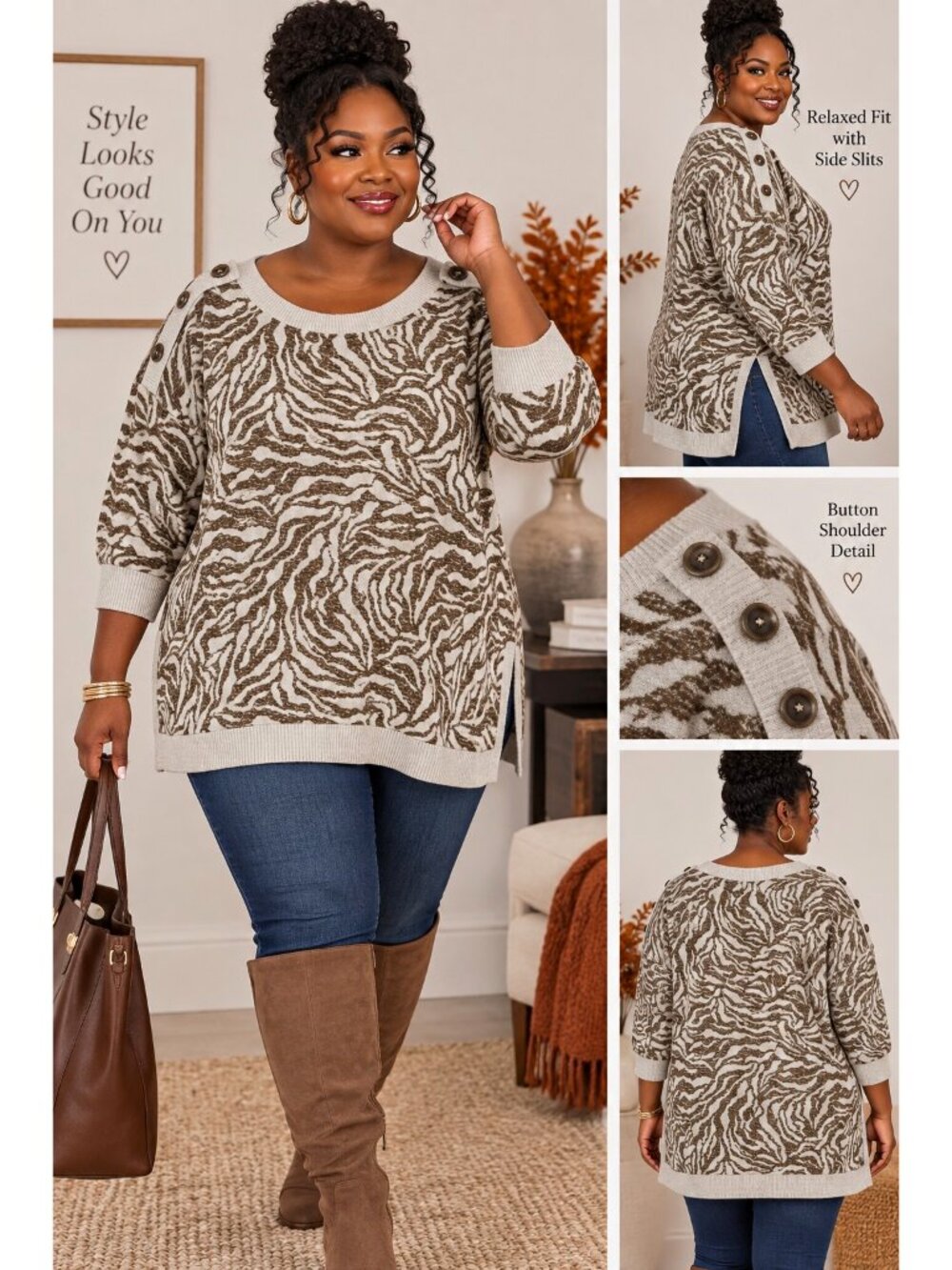Westbound Women’s 2XL Plus Brown/Beige Boho Animal Print Pullover NWT Sweater